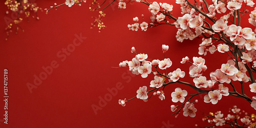 white spring blossoms of red background