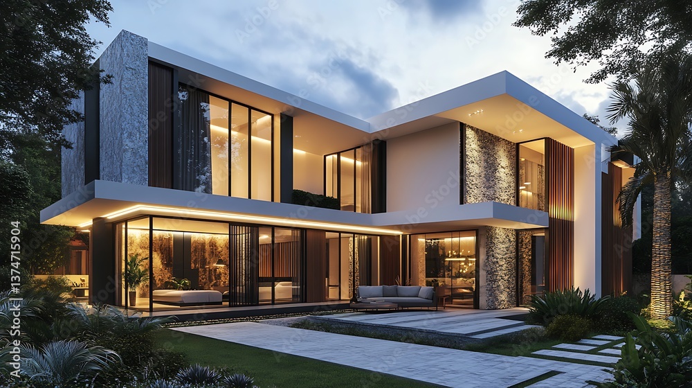 Fototapeta premium Sophisticated evening house design with warm indoor glow image