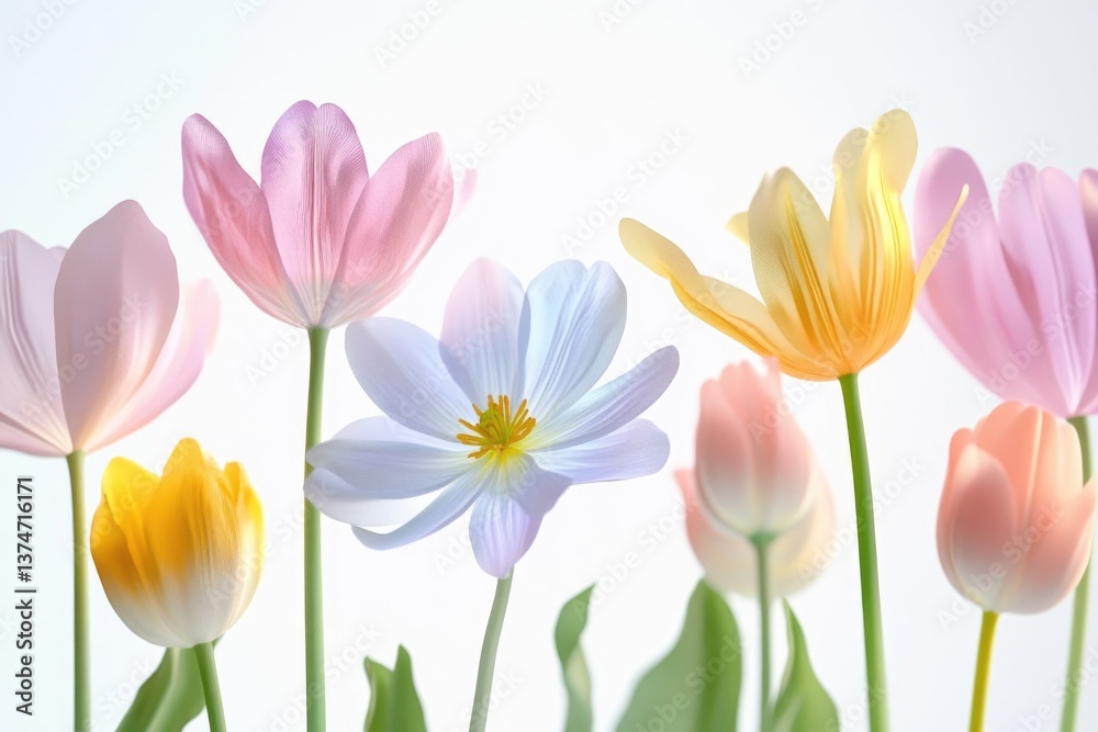 Fototapeta premium Pastel-colored tulips and a delicate flower create a serene and beautiful spring scene.