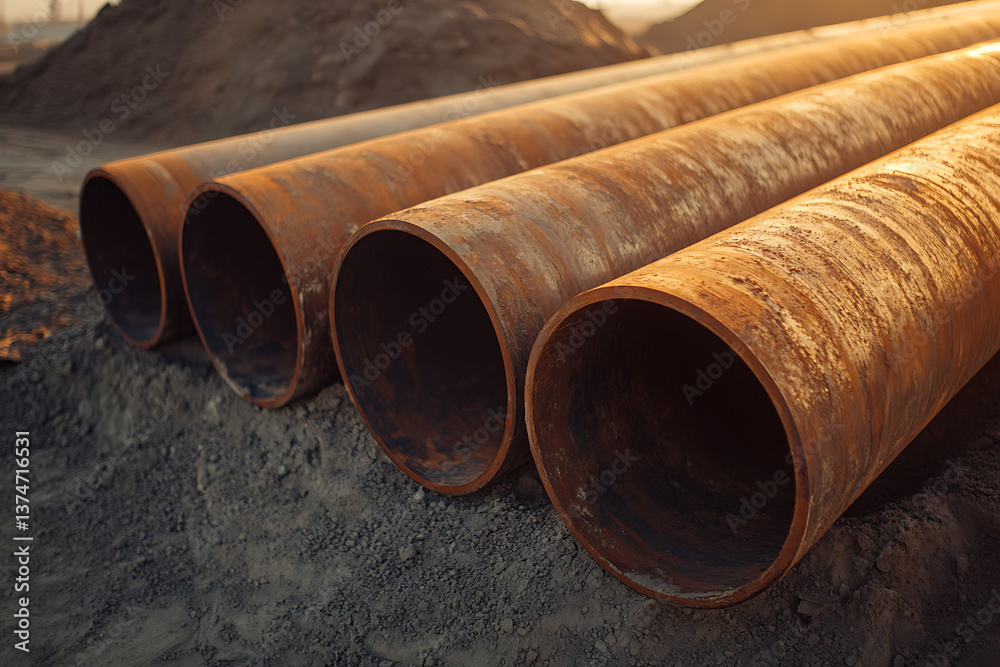 Rusty metal pipes laid on the ground, industrial construction materials in a row, ready for installation, conveying a sense of age and durability. Rusty metal pipes laid on the ground, industrial construction materials in a row, ready for installation, conveying a sense of age and durability.