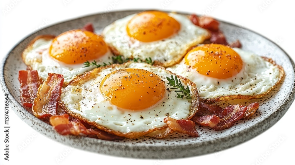 Plate with four fried eggs and bacon strips, garnished with thyme Plate with four fried eggs and bacon strips, garnished with thyme