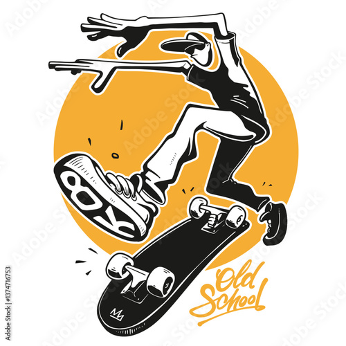 Cool Skater Jumping and Doing Tricks, Graffiti Street Art