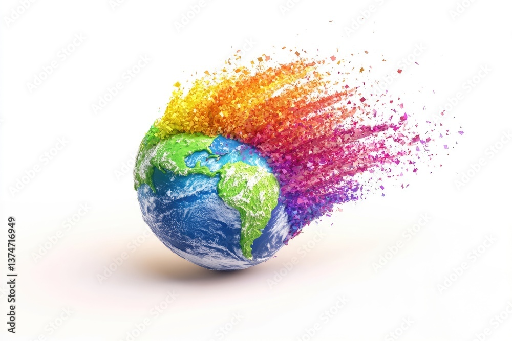 Fototapeta premium A vibrant Earth disintegrating into colorful fragments, symbolizing environmental fragility and the urgent need for global preservation.
