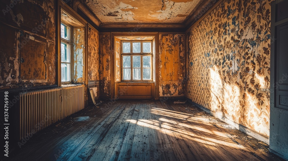 Fototapeta premium Abandoned room with peeling wallpaper and sunlight casting shadows on wooden floor in deserted building