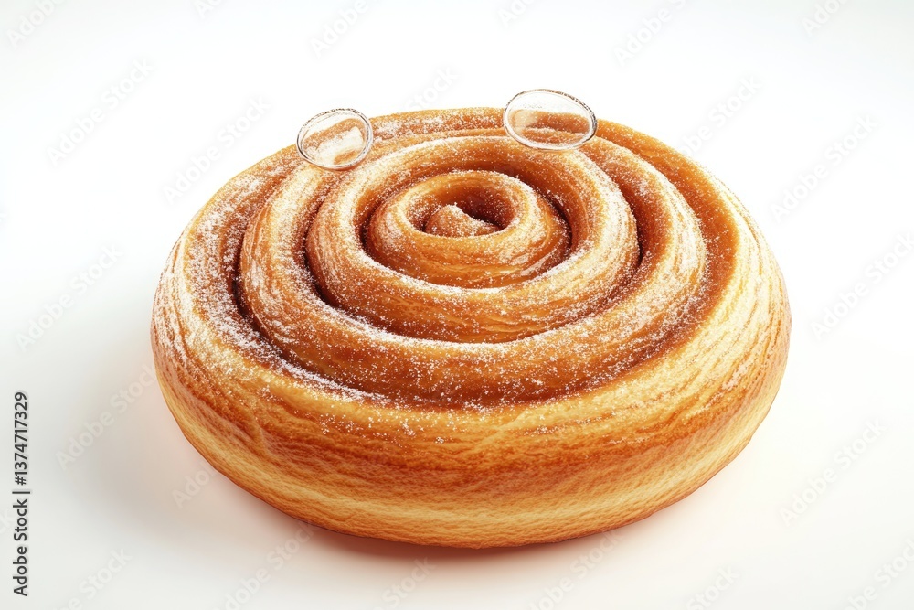 Fototapeta premium A delectable cinnamon roll, golden-brown and dusted with powdered sugar, sits on a white background.
