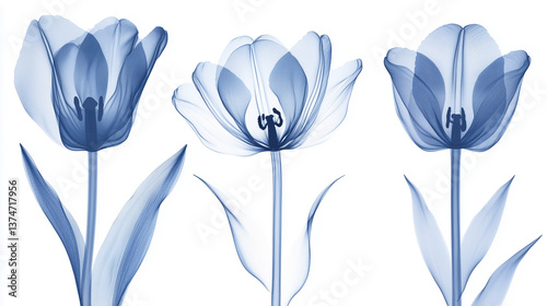 Stylized x-ray blue tulip silhouettes on white background