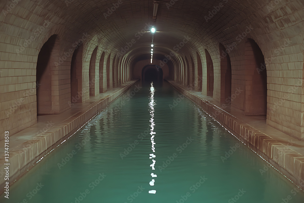 Fototapeta premium Tunnel with water channel: A symmetrical view of an arched brick tunnel filled with water, illuminated by overhead lights and ending in darkness.