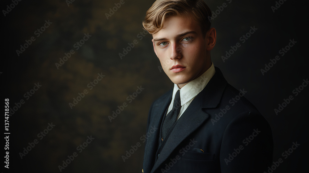 Fototapeta premium Vintage, antique portrait of a handsome young man wear suit and tie in the 1900