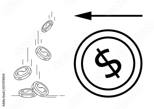 Coins cascade downward with lines indicating movement, alongside a bold dollar sign coin facing an arrow. Ideal for money flow, finance, savings, investment, currency, economic trends, flat simple