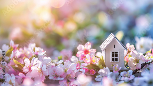 Tiny house surrounded by nature and pink blooms, symbolizing home and tranquility.

