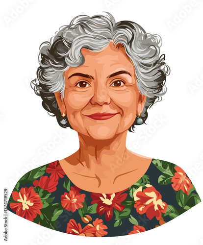 Cheerful elderly Hispanic woman relaxing at home, exuding warmth and contentment with short curly hair and floral attire