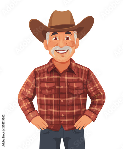 Relaxed elderly Hispanic man enjoying a sunny afternoon in a cowboy hat while wearing a plaid shirt