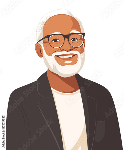 Relaxed elderly African-American man smiles warmly while wearing glasses and a casual outfit
