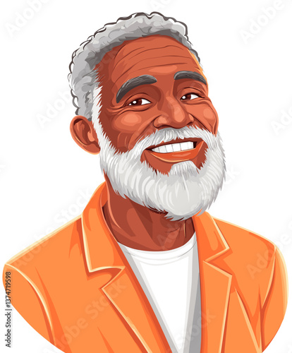 Relaxed elderly African-American man smiling warmly in an orange blazer during a sunny day at home