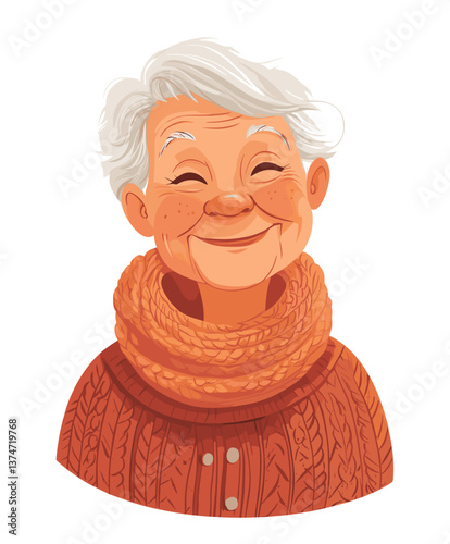 Happy elderly woman with a round face wearing a knitted scarf and smiling warmly during a sunny afternoon