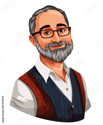 Friendly middle-aged Middle Eastern man smiling warmly while dressed in a casual vest against a plain background