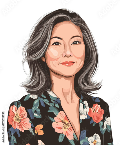 Friendly middle-aged Asian woman with floral blouse smiling warmly at the camera in an indoor setting