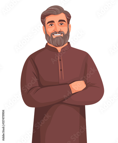 Confident middle-aged Indian man smiling warmly while standing in a traditional outfit with arms crossed in a neutral background