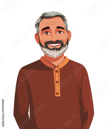 Confident middle-aged Indian man smiling warmly in traditional attire against a plain background