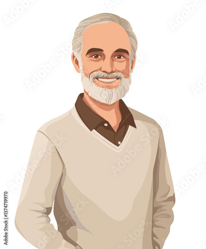 Confident elderly European man with a full gray beard wearing a cozy sweater while smiling warmly and exuding wisdom and charm