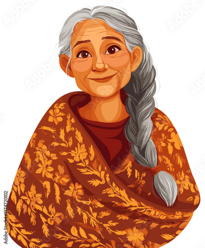 Cheerful elderly Latina woman in traditional attire enjoying a sunny day outdoors with a warm smile