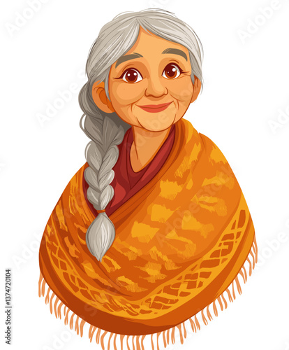 Cheerful elderly Latina woman in orange shawl smiling warmly in a cozy setting