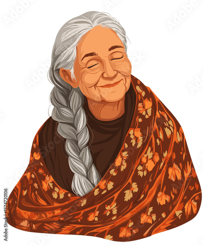 Cheerful elderly Latina woman with long gray hair smiles warmly while wrapped in a vibrant shawl showcasing autumn leaves
