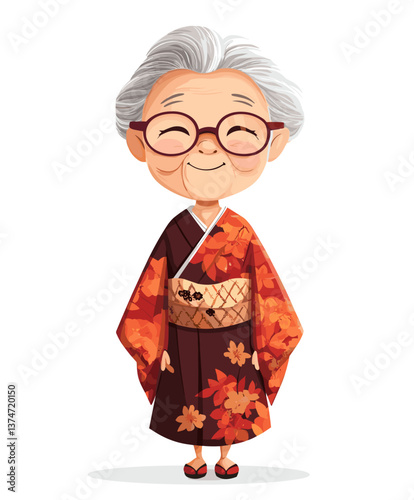 Cheerful elderly Asian woman wearing small glasses in traditional outfit standing in a cozy setting
