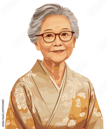 Cheerful elderly Asian woman in traditional attire with glasses smiling warmly in her home during afternoon tea time