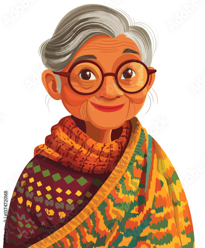 Cheerful elderly Indian woman wearing glasses and vibrant shawl enjoying a sunny day while smiling warmly
