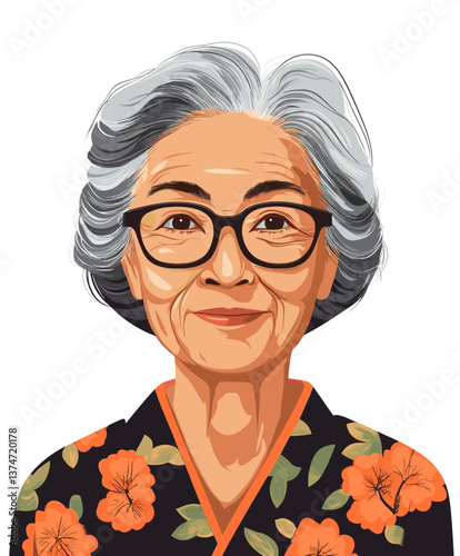 Cheerful elderly Asian woman wearing small glasses and a floral top portrays warmth and wisdom in everyday life