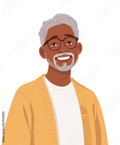 Cheerful elderly African-American man with gray hair smiling warmly in a cozy setting during a sunny afternoon