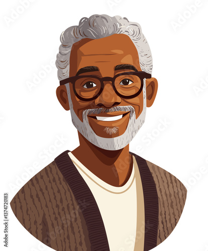 Cheerful elderly African-American man with gray hair smiles warmly while wearing glasses and a cozy sweater
