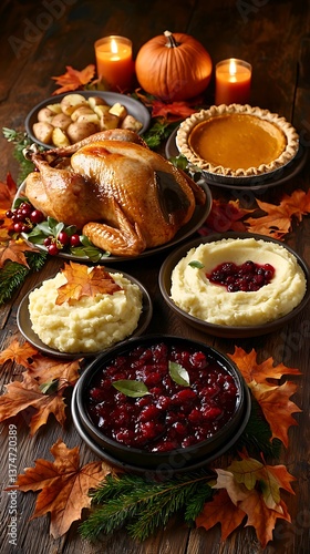 Thanksgiving feast with autumn table.