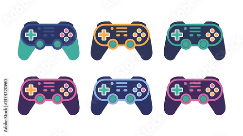 Colorful video game controller icons Modern flat design Playful vibrant hues