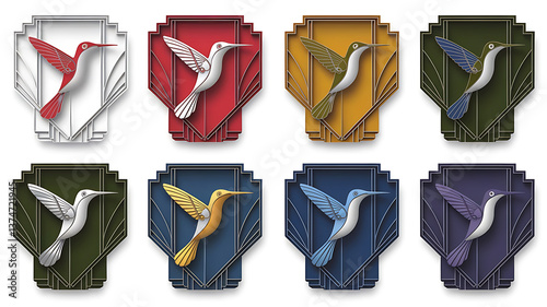 Art Deco hummingbird designs various colors vector illustration