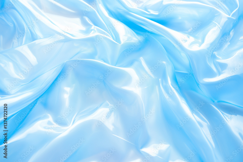 Fototapeta premium Shiny smooth light blue silk fabric with elegant folds and soft highlights captured in close-up, creating a luxurious and calming aesthetic in pastel fashion or textile design concept 