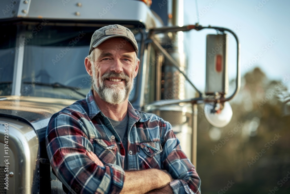 Smiling portrait of a middle aged male Caucasian trucker standing next to his truck Smiling portrait of a middle aged male Caucasian trucker standing next to his truck
