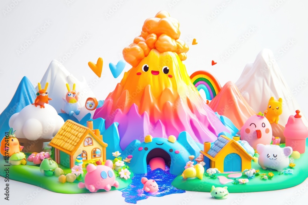 Obraz premium A whimsical 3D render of a vibrant, colorful landscape featuring cute cartoon characters, houses, and a smiling volcano.