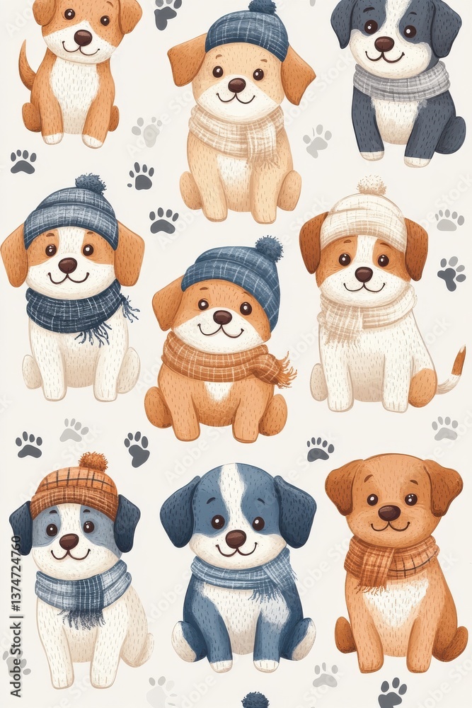 Fototapeta premium Adorable seamless pattern of puppies wearing winter scarves and hats