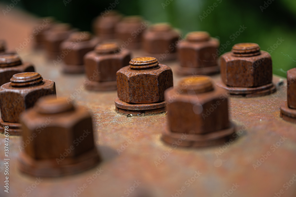 Rusty Screw Nuts on an Iron Bridge in Washington State
