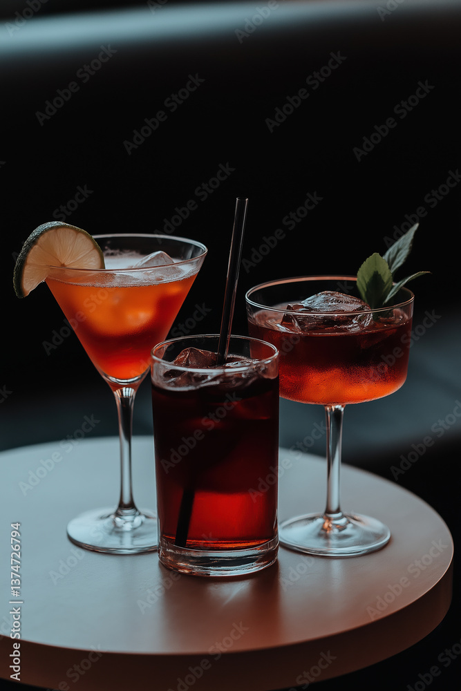 Colorful cocktails served on a table in a modern lounge during evening hours Colorful cocktails served on a table in a modern lounge during evening hours