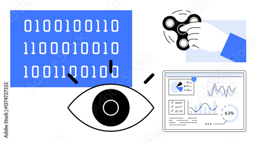 Binary code, eye symbolizing focus, fidget spinner for engagement, analytics dashboard Ideal for technology, data analysis, attention, productivity, human interaction, innovation flat simple