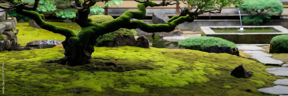 Naklejka premium Serene Japanese garden with a moss-covered tree, stone path, and water feature