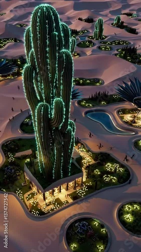 Futuristic desert settlement featuring glowing cactus-shaped buildings and landscaped pathways. A creative vision of life in arid environments with a sci-fi twist.