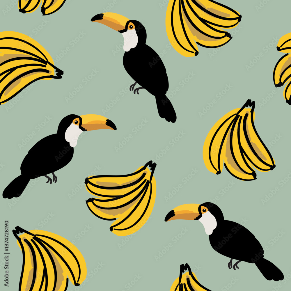 Fototapeta premium Tropical toucan birds, yellow banana fruits, green background. Vector seamless pattern. Graphic illustration. Exotic summer beach design. Paradise nature