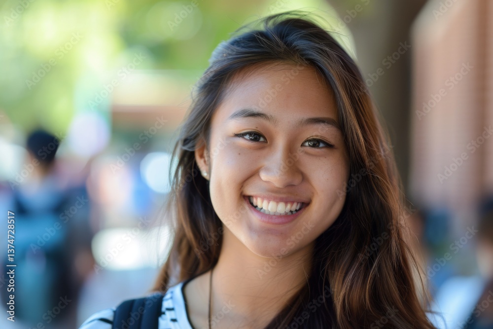 Obraz premium Smiling portrait of a young female Asian student in a college in the usa