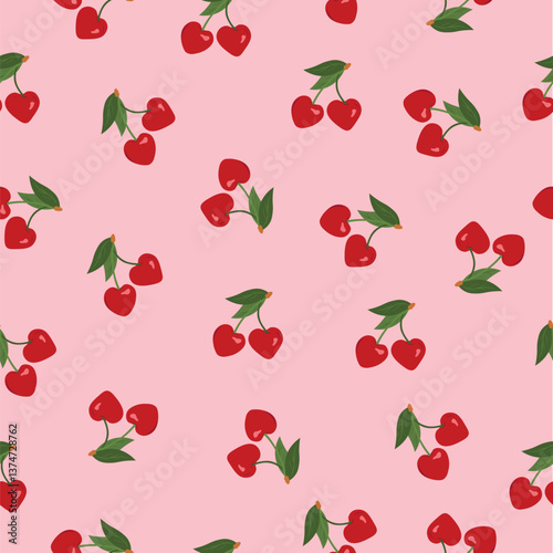 Seamless abstract pattern with cherries and green leaves on pink background. Heart-shaped cherries . Editable vector illustration for wrapping paper, packaging, fabric