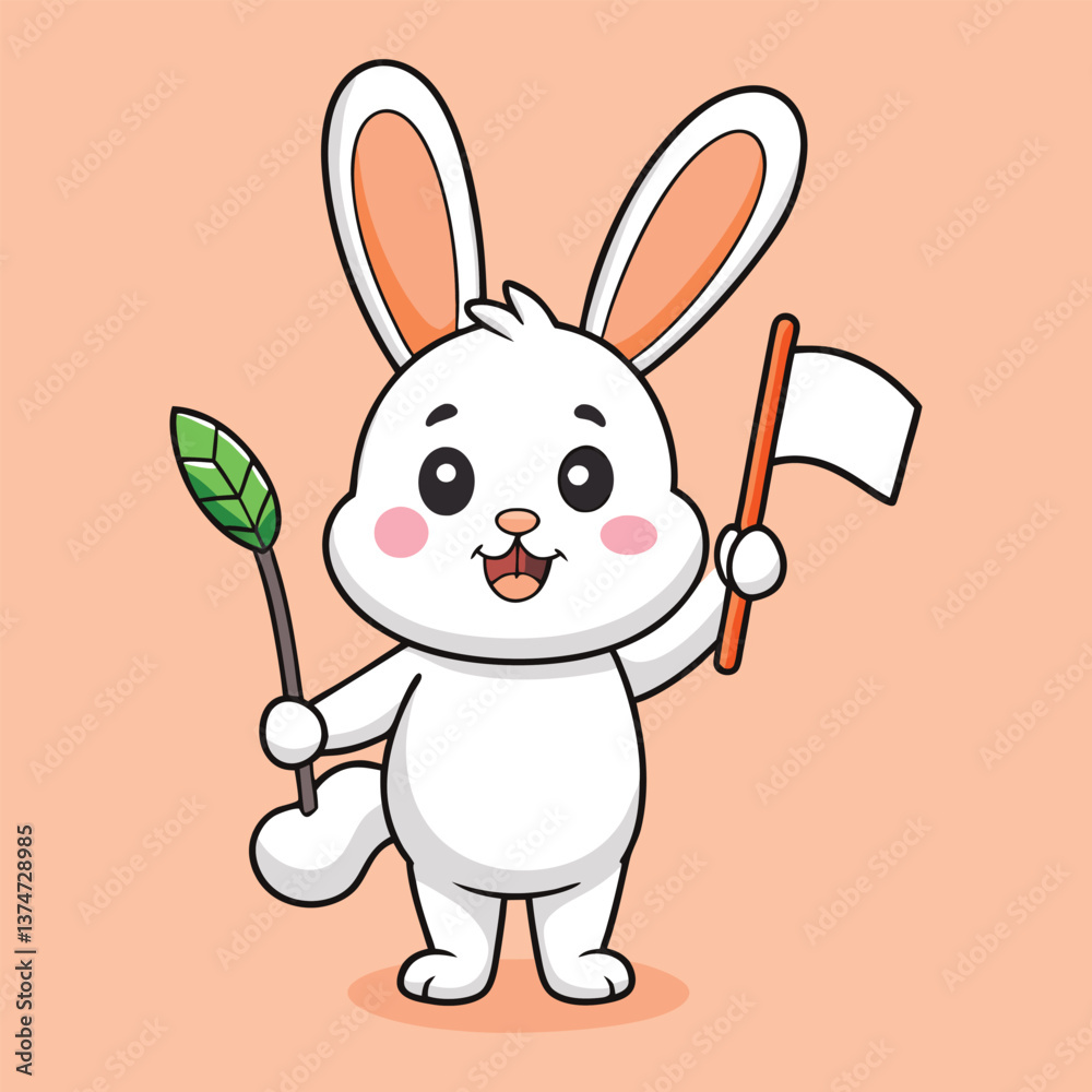 Fototapeta premium Cute White Rabbit Holding a Flag Cartoon Art Illustration Vector Design