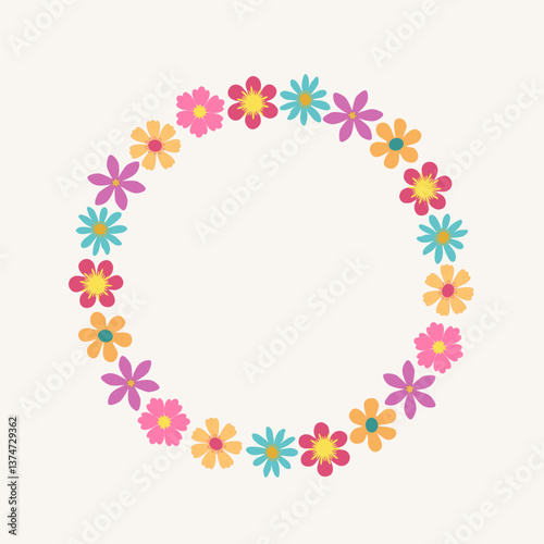 Cute wreath of simple bright flowers. Floral frame for text. Round floral border in children's style. Great for posters, cards, promotions, banners, congratulations, printing.